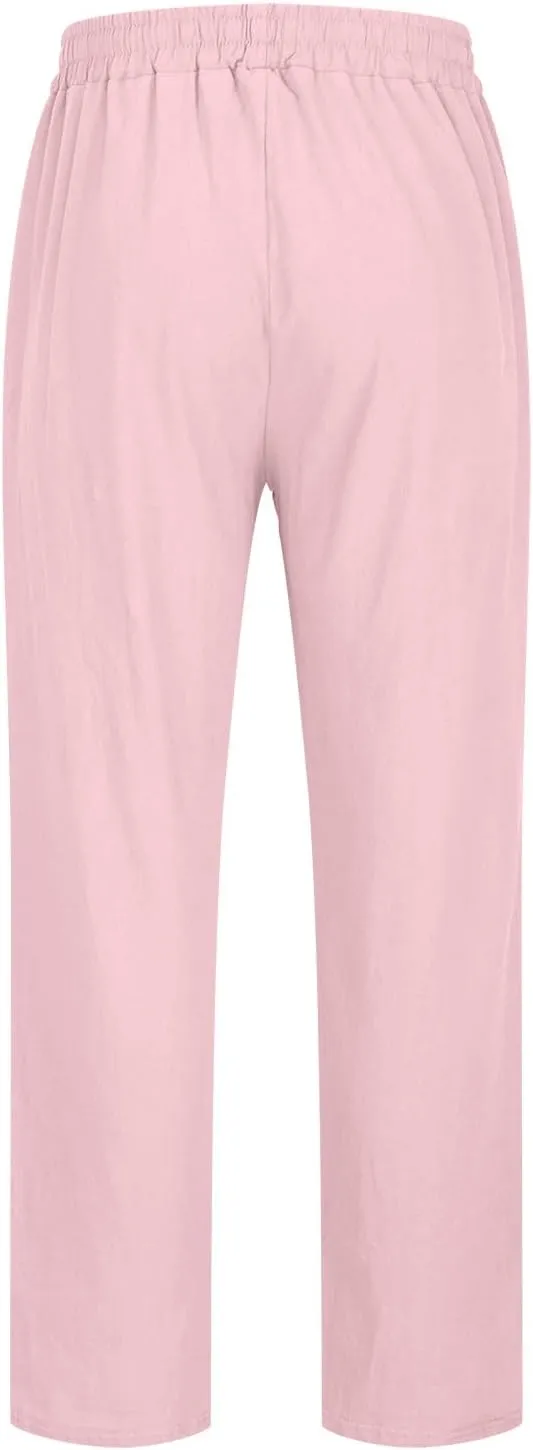 Mens Cotton Linen Pants Casual Lightweight Loose Beach Pant Elastic Drawstring Waist Straight Leg Trouser with Pocket