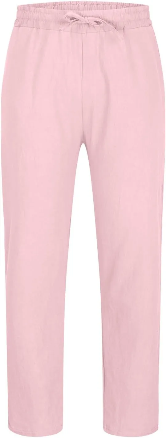Mens Cotton Linen Pants Casual Lightweight Loose Beach Pant Elastic Drawstring Waist Straight Leg Trouser with Pocket