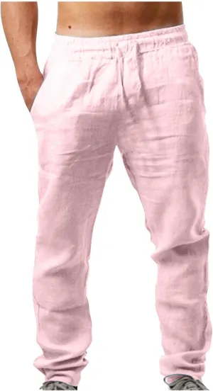 Mens Cotton Linen Pants Casual Lightweight Loose Beach Pant Elastic Drawstring Waist Straight Leg Trouser with Pocket
