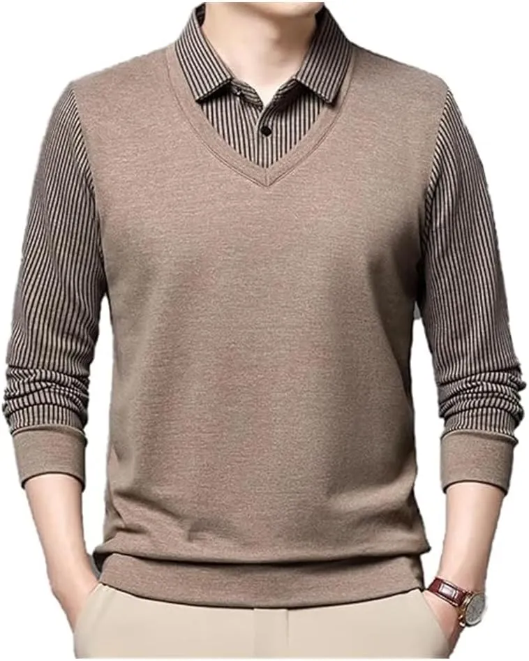 Men's Fake 2-Piece Knitted Shirt,Warm Anti-Wrinkle Two-Piece,Business Casual Fleece Thickening Dress Polo Shirts