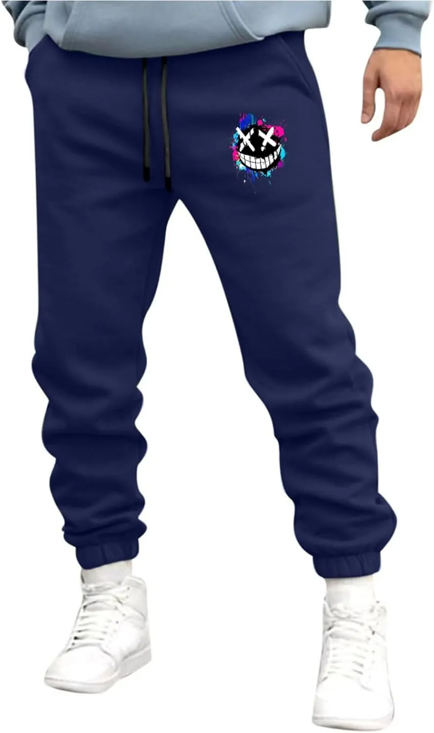 Men's Joggers Sweatpants Smiley Face Print Sweat Pants Fleece Jogger Athletic Trousers with Pockets