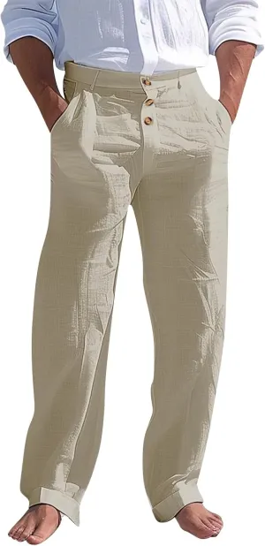 Mens Linen Pants Straight-Legs Lightweight Elastic Waist Cotton Pants Casual Summer Beach with Pocket Fashion Trousers