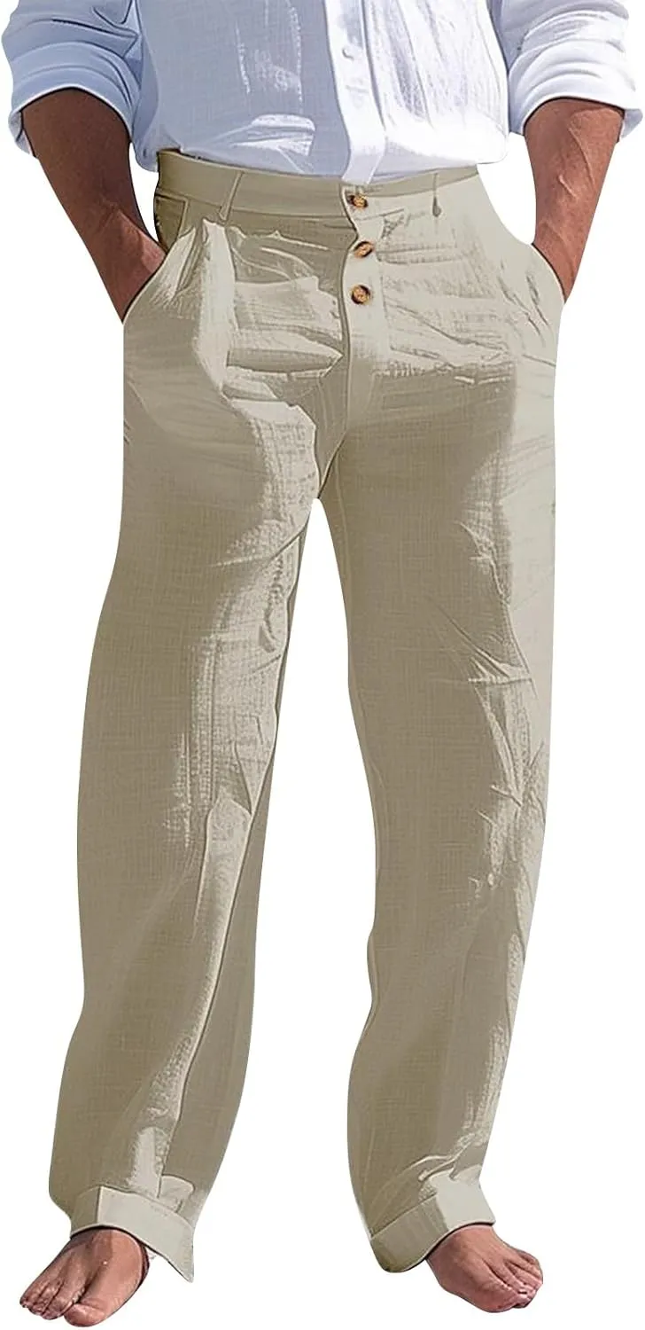Mens Linen Pants Straight-Legs Lightweight Elastic Waist Cotton Pants Casual Summer Beach with Pocket Fashion Trousers
