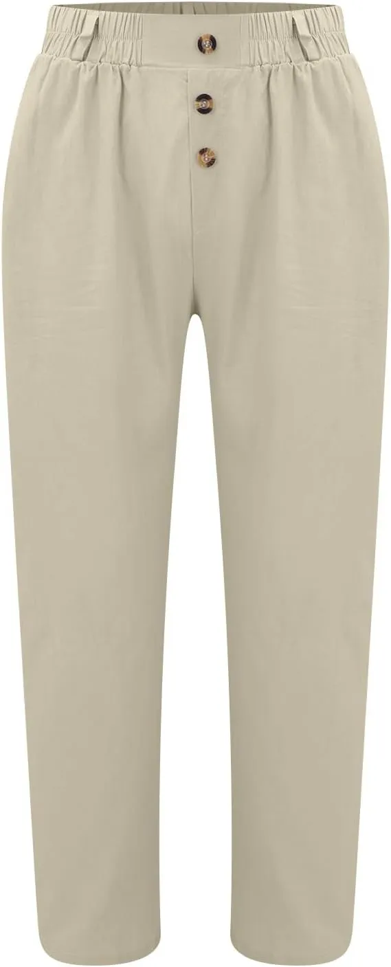 Mens Linen Pants Straight-Legs Lightweight Elastic Waist Cotton Pants Casual Summer Beach with Pocket Fashion Trousers