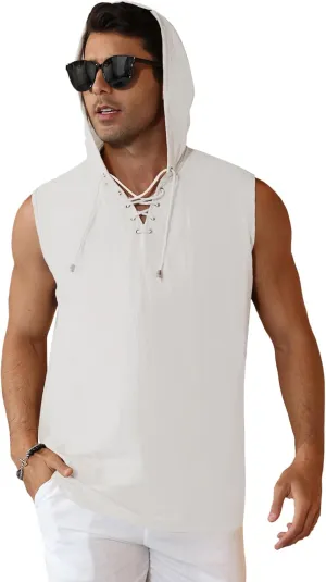 Men's Linen Tank Tops Sleeveless Shirts Lace Up Beach Summer Yoga Top Hippie Renaissance Pirate Tunic with Hood