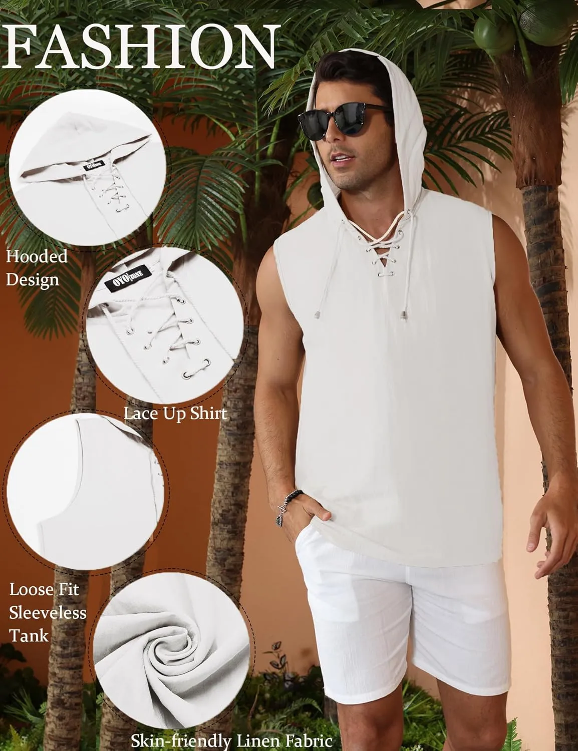 Men's Linen Tank Tops Sleeveless Shirts Lace Up Beach Summer Yoga Top Hippie Renaissance Pirate Tunic with Hood