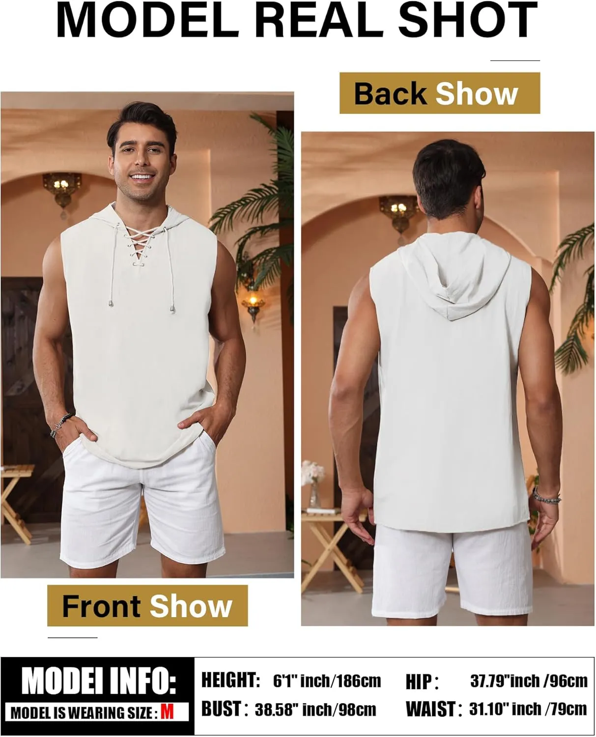Men's Linen Tank Tops Sleeveless Shirts Lace Up Beach Summer Yoga Top Hippie Renaissance Pirate Tunic with Hood