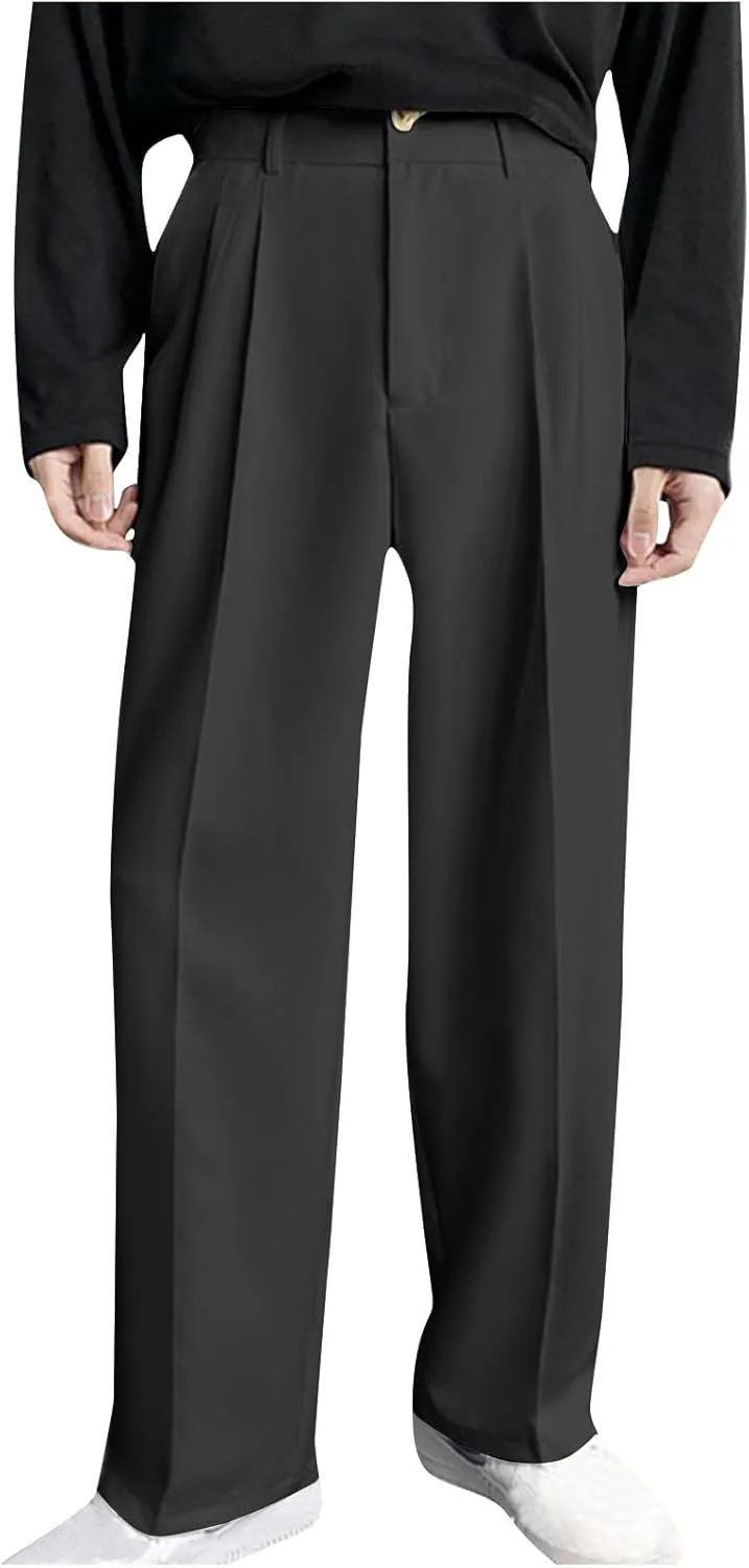 Mens Pleated Dress Pants with Belt Wide Leg Formal Pants for Men with Pockets for Office and Business Wear
