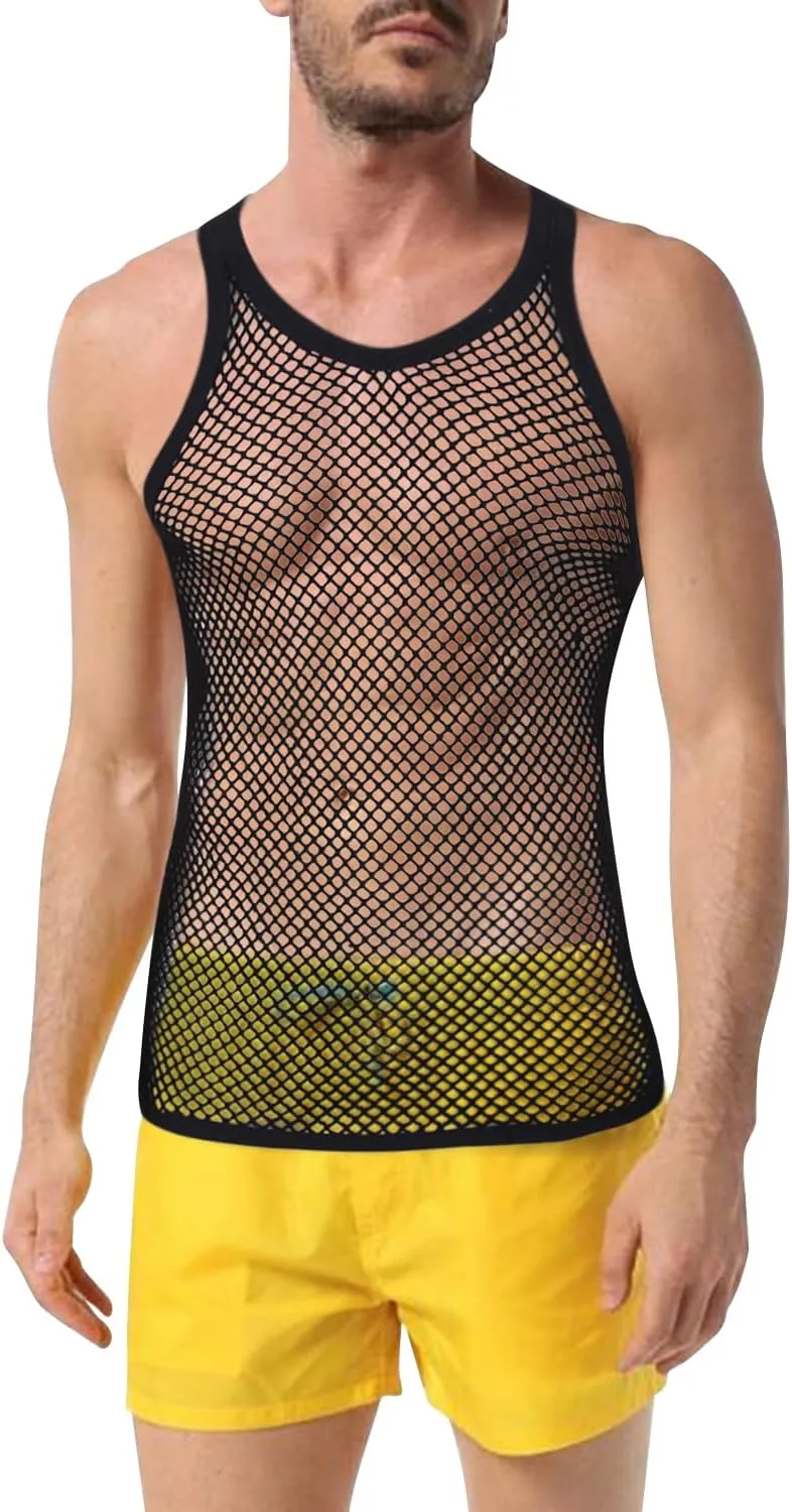 Men's Rasta String Mesh Vest Fishnet Fitted 100% Cotton Sleeveless Muscle Tank Top