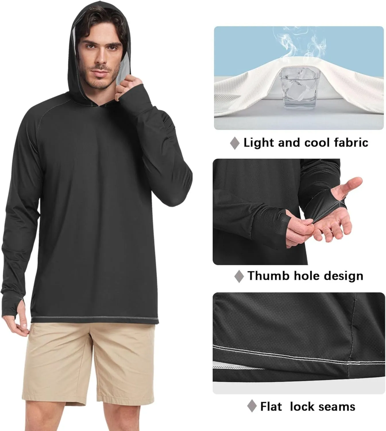 Men's Sun Protection Hoodie Long Sleeve UPF 50   Sun Shirt with Hood Lightweight Hooded Rash Guard Sunproof Shirts
