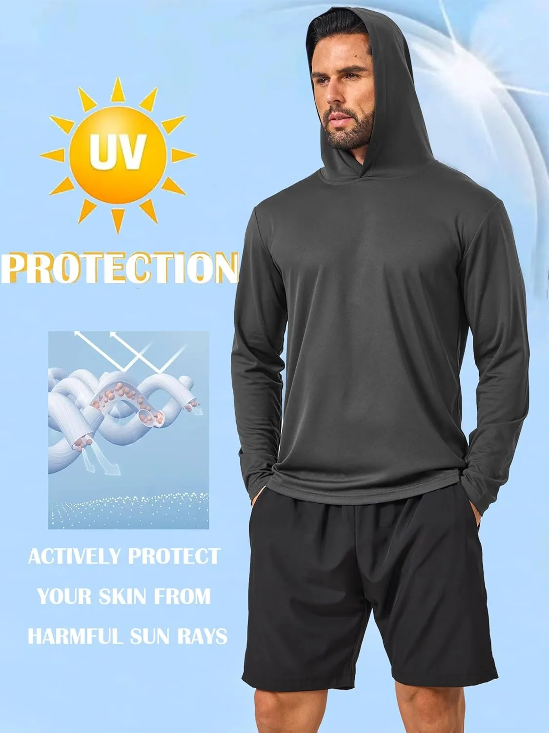 Mens Sun Protection Long Sleeve Hoodie Rash Guard SPF Lightweight Quick Dry UV Shirts Outdoor Fishing Active Wear
