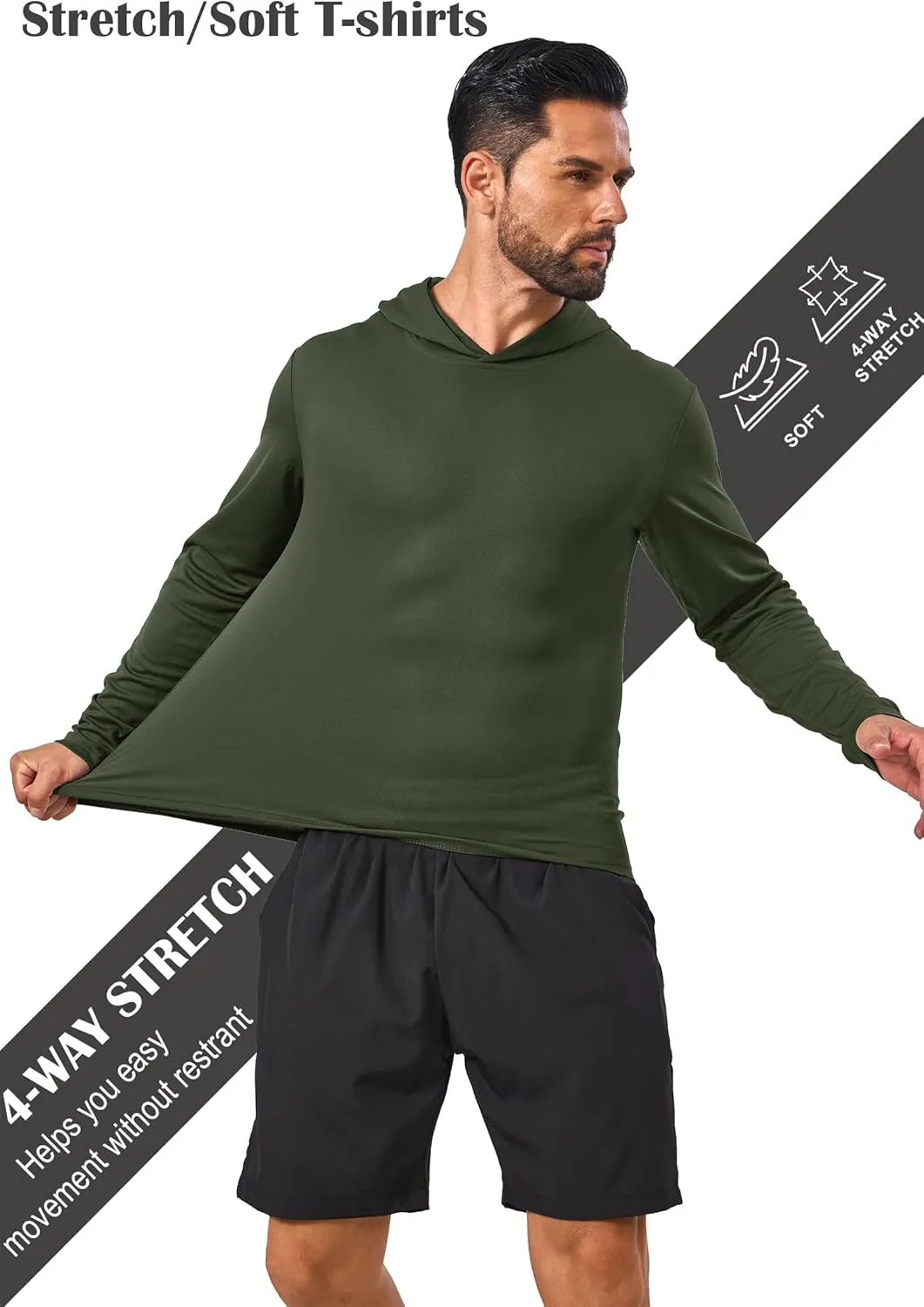 Mens Sun Protection Long Sleeve Hoodie Rash Guard SPF Lightweight Quick Dry UV Shirts Outdoor Fishing Active Wear