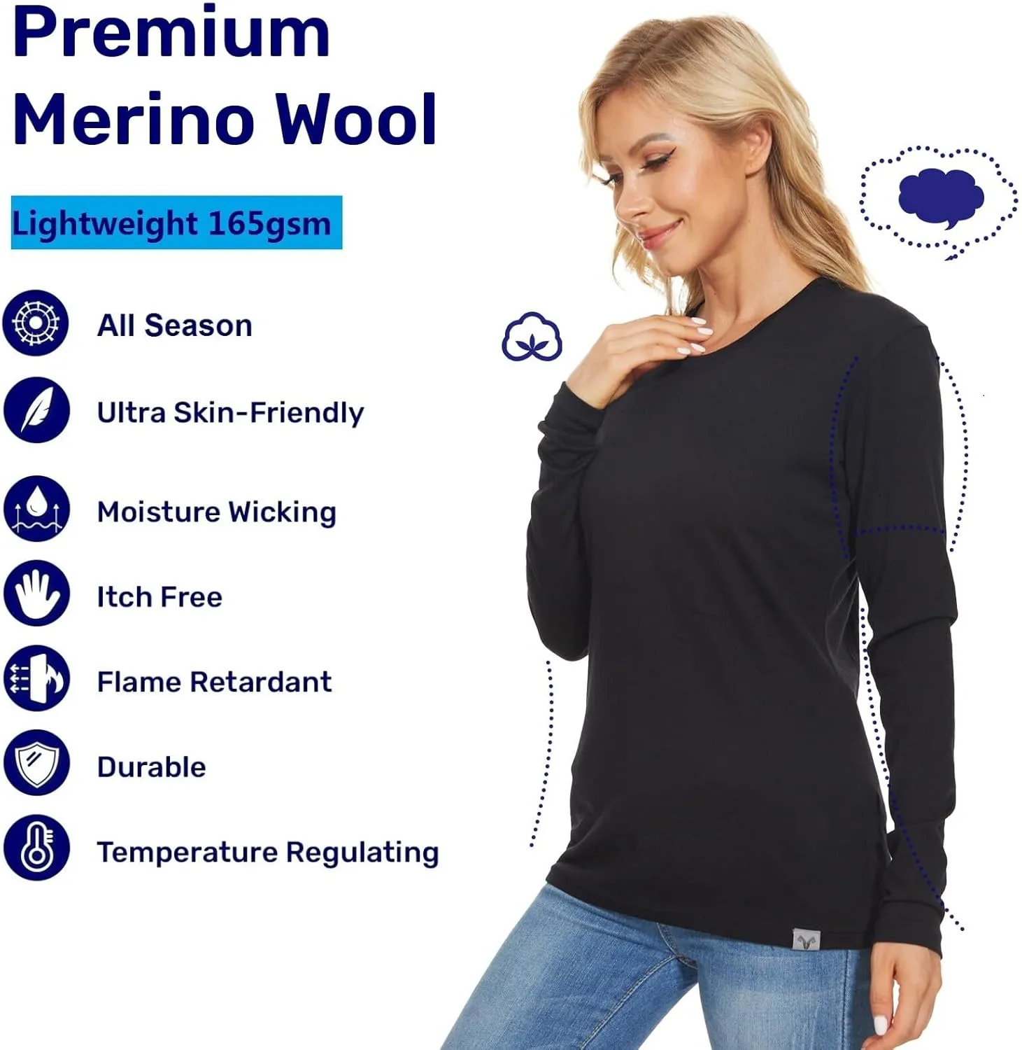 MERINNOVATION Merino Wool Base Layer Women 100% Merino Wool Long Sleeve Thermal Shirts for Women for Skiing Hiking