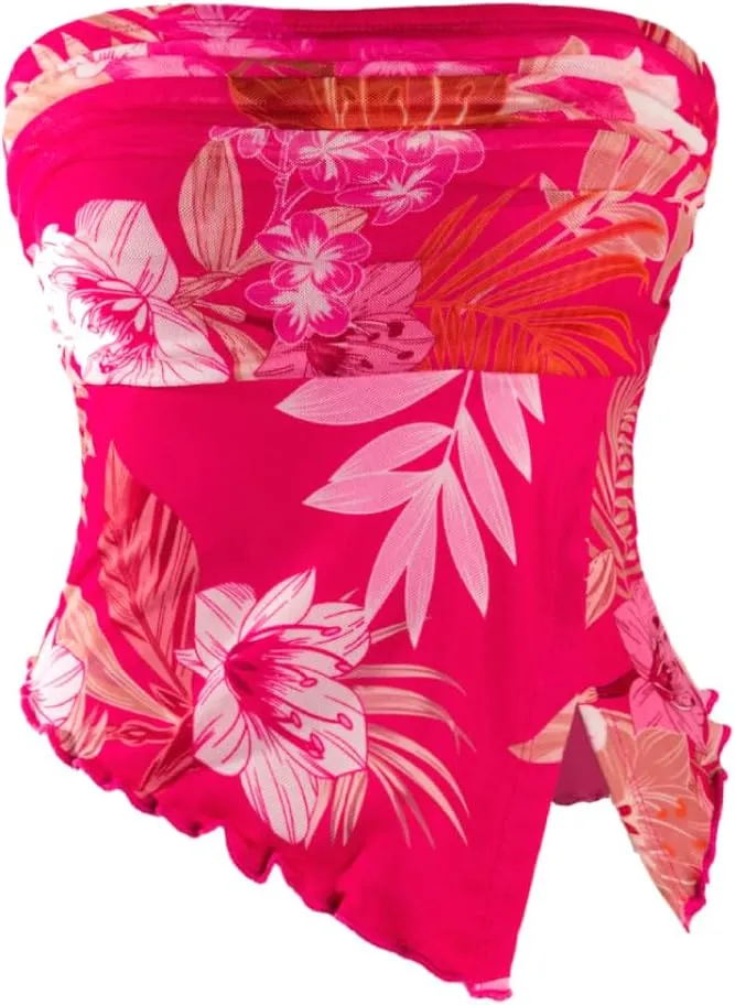 Milumia Women Floral Mesh Strapless Ruched Tube Top Split Hem Sleeveless Bandeau Crop Tops