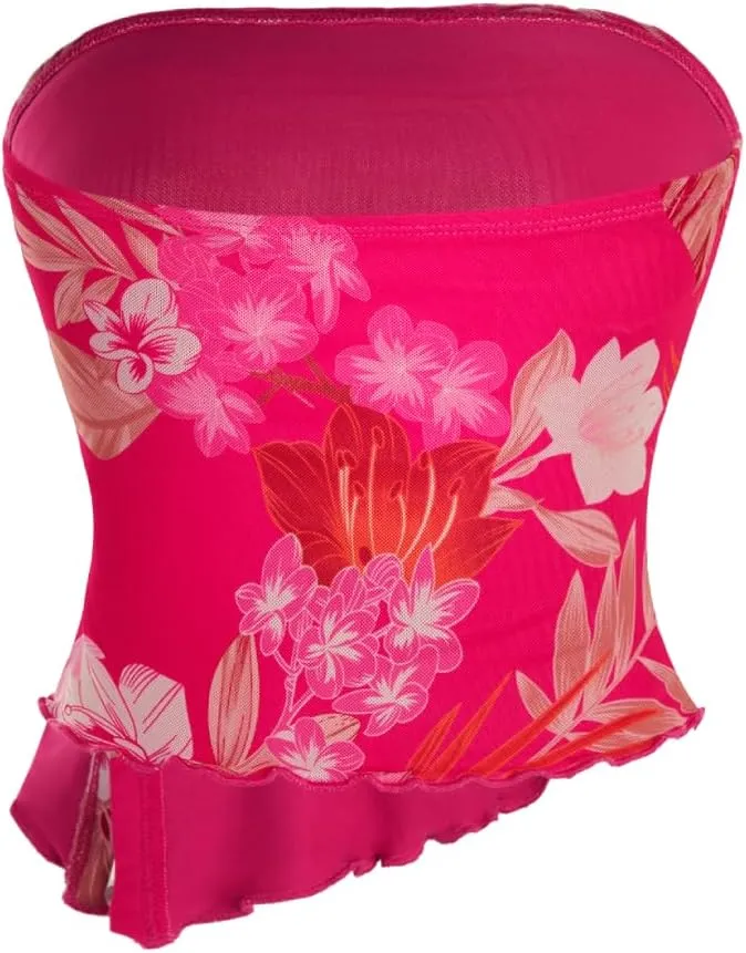 Milumia Women Floral Mesh Strapless Ruched Tube Top Split Hem Sleeveless Bandeau Crop Tops