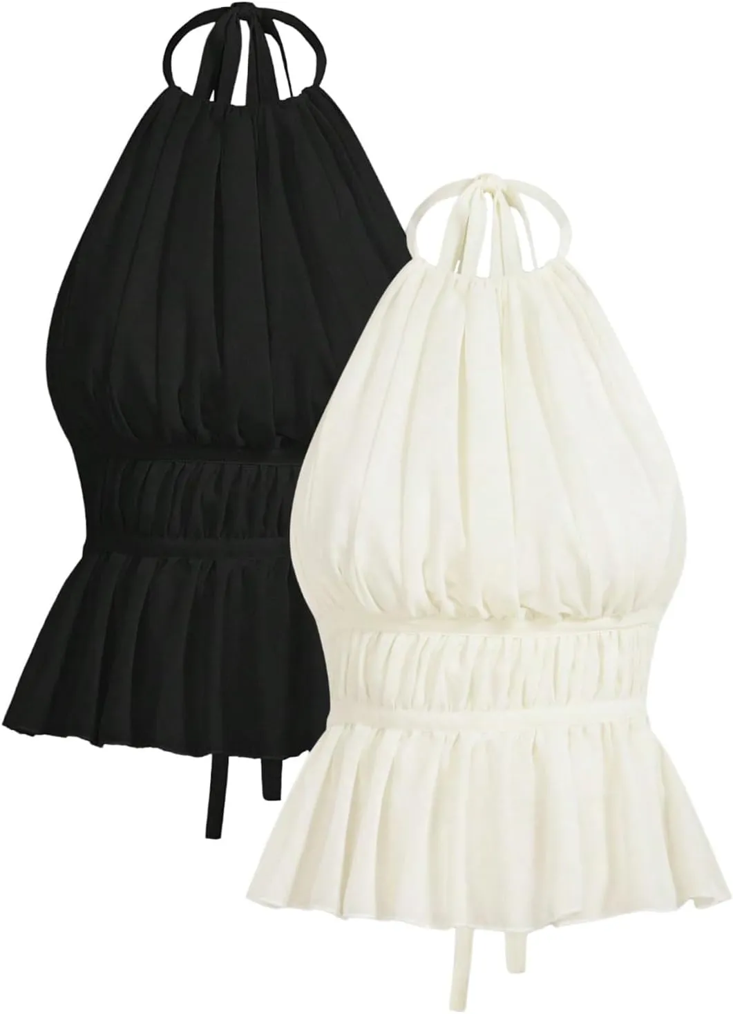 Milumia Women's 2 Piece Tank Tops Pleated Tie Backless Sleeveless Ruffle Hem Halter Top