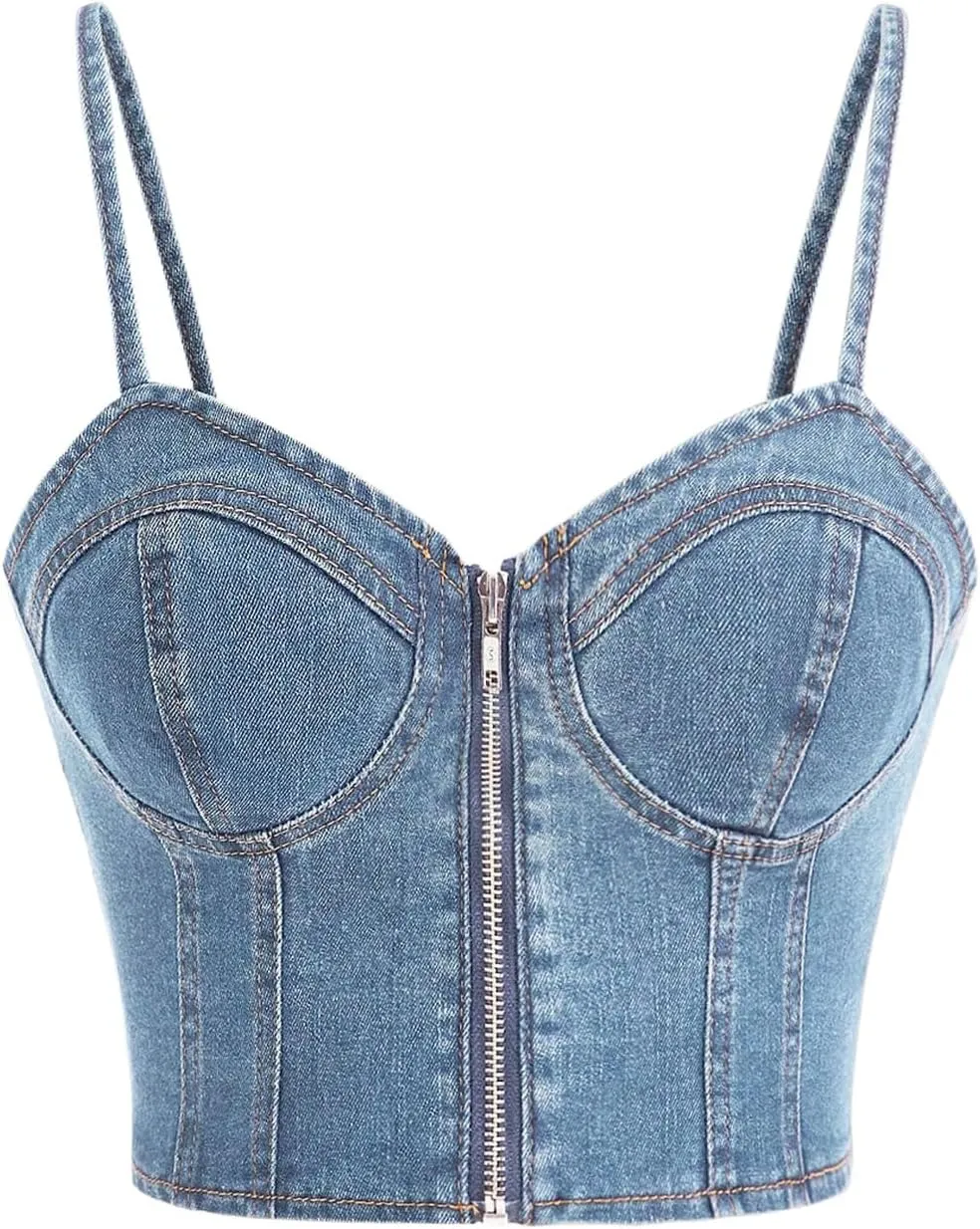 Milumia Women's Denim Bustier Crop Top Zip Front Spaghetti Strap Jean Cami Tank Tops