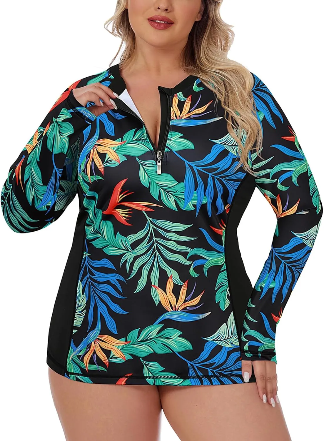 Misyula Style Womens Plus Size Rash Guard Long Sleeve Swim Shirts UPF50  Quarter Zip Swimsuit Tops 1XL-5XL