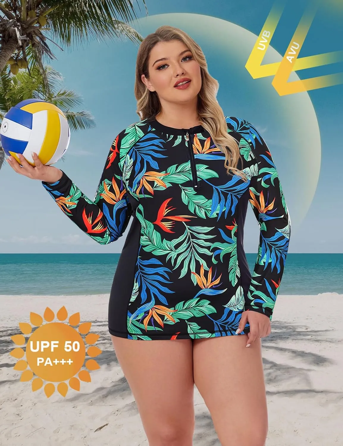 Misyula Style Womens Plus Size Rash Guard Long Sleeve Swim Shirts UPF50  Quarter Zip Swimsuit Tops 1XL-5XL