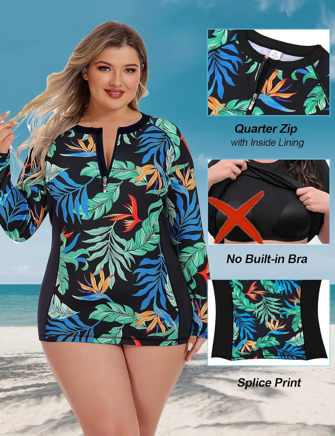 Misyula Style Womens Plus Size Rash Guard Long Sleeve Swim Shirts UPF50  Quarter Zip Swimsuit Tops 1XL-5XL