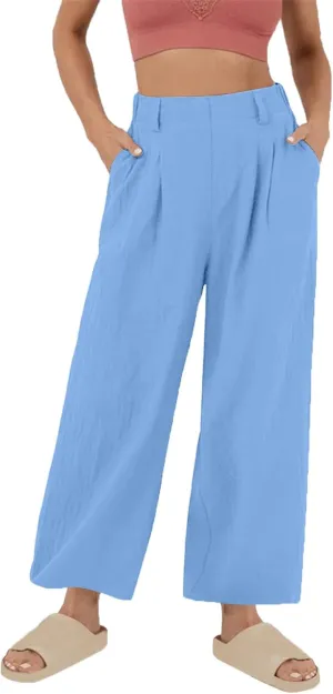 Mzkdieey Women's Summer High Waisted Wide Leg Loose Cotton Linen Palazzo Pants Dressy Casual Solid Trousers with Pockets