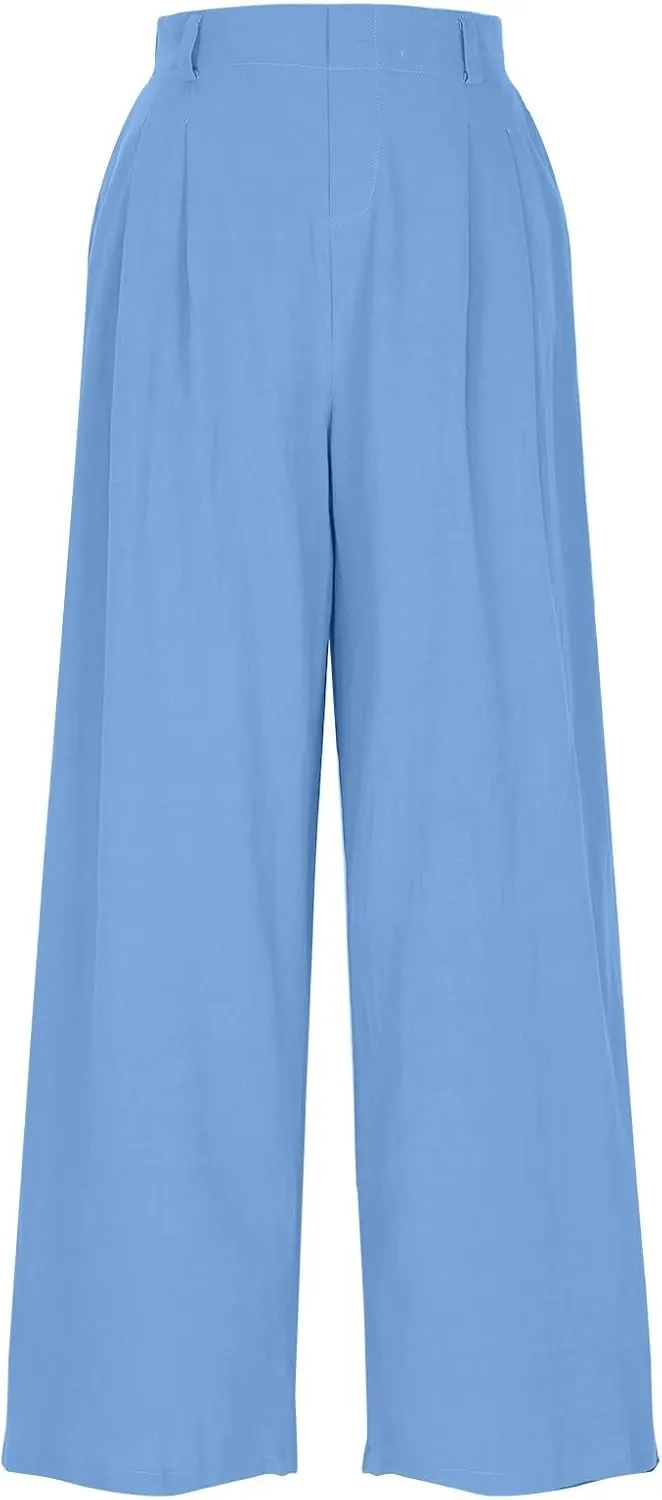 Mzkdieey Women's Summer High Waisted Wide Leg Loose Cotton Linen Palazzo Pants Dressy Casual Solid Trousers with Pockets