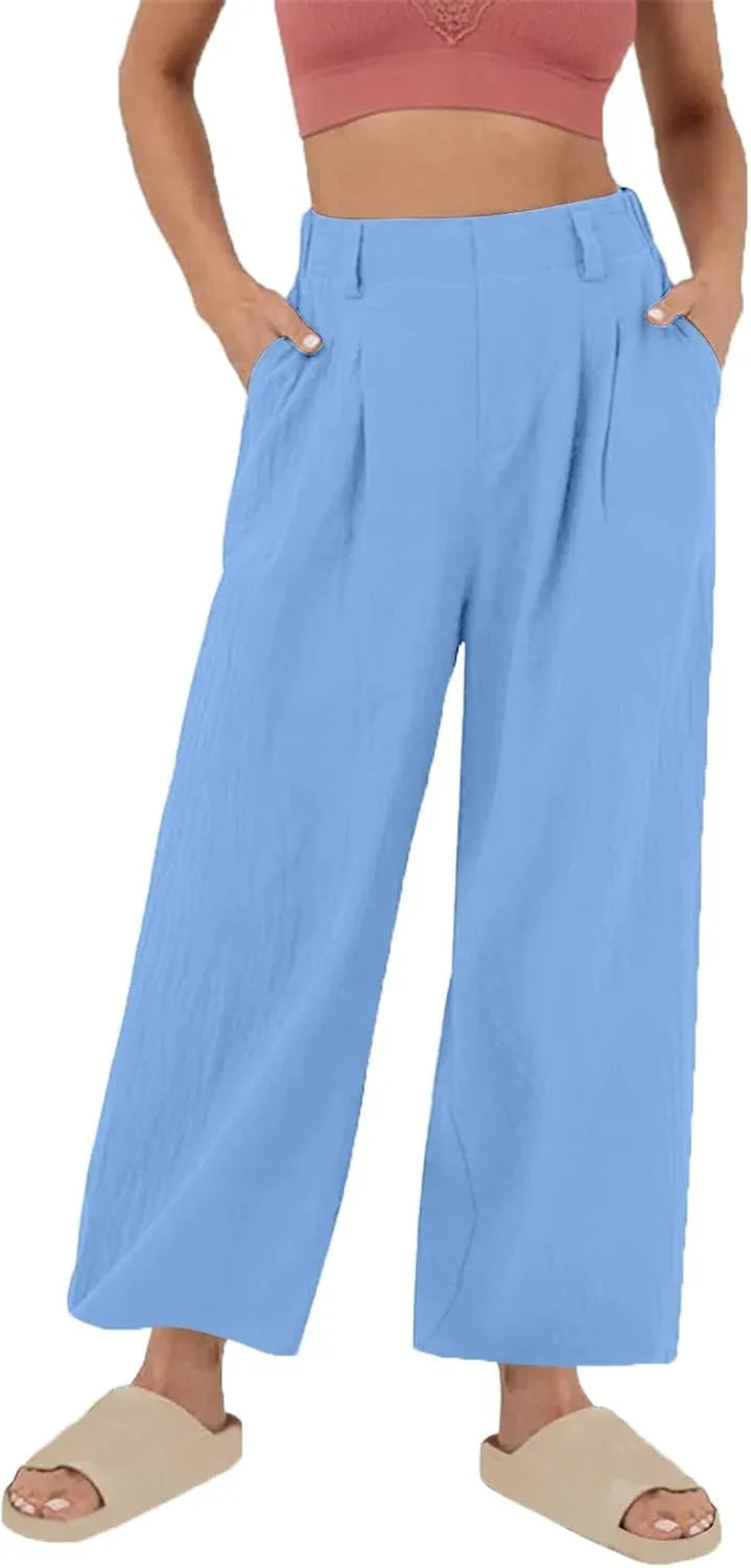 Mzkdieey Women's Summer High Waisted Wide Leg Loose Cotton Linen Palazzo Pants Dressy Casual Solid Trousers with Pockets