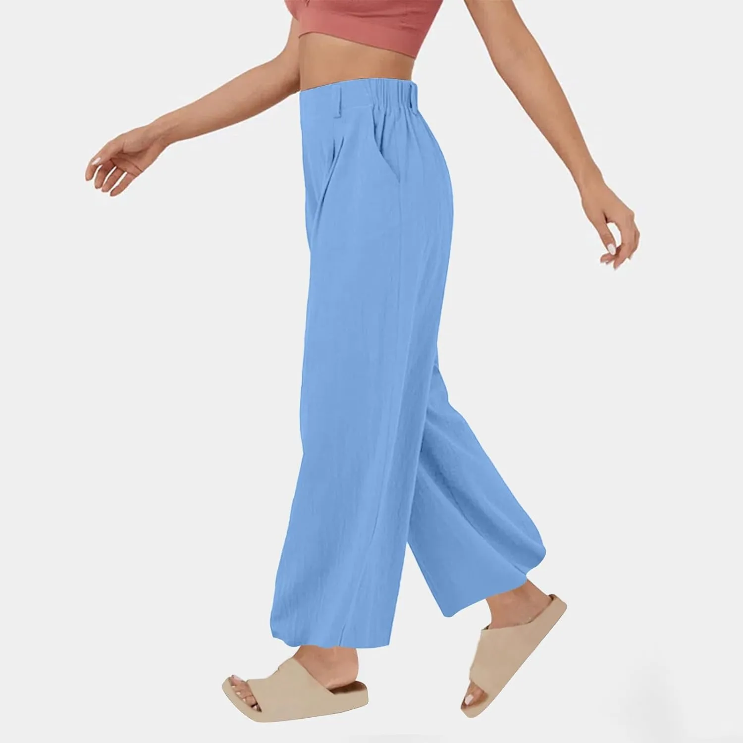 Mzkdieey Women's Summer High Waisted Wide Leg Loose Cotton Linen Palazzo Pants Dressy Casual Solid Trousers with Pockets