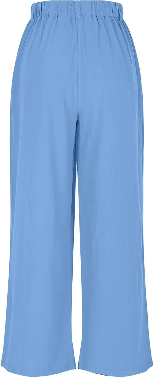 Mzkdieey Women's Summer High Waisted Wide Leg Loose Cotton Linen Palazzo Pants Dressy Casual Solid Trousers with Pockets