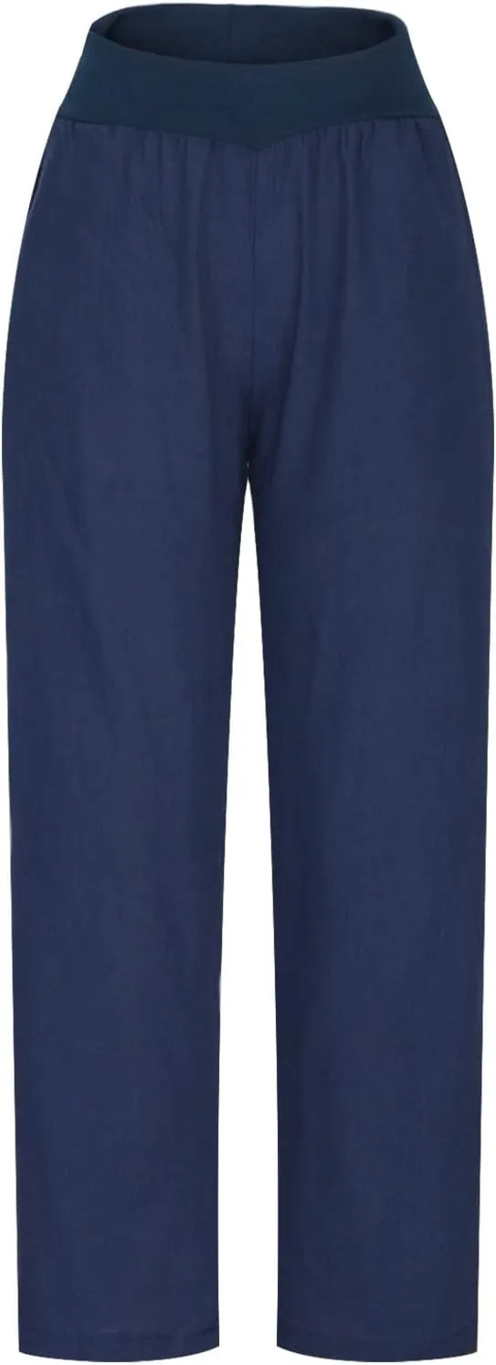 NATHGAM Linen Pants for Women Summer Elastic High Waist with Pockets Straight Palazzo Pants Beach Wide Leg Pant Trousers