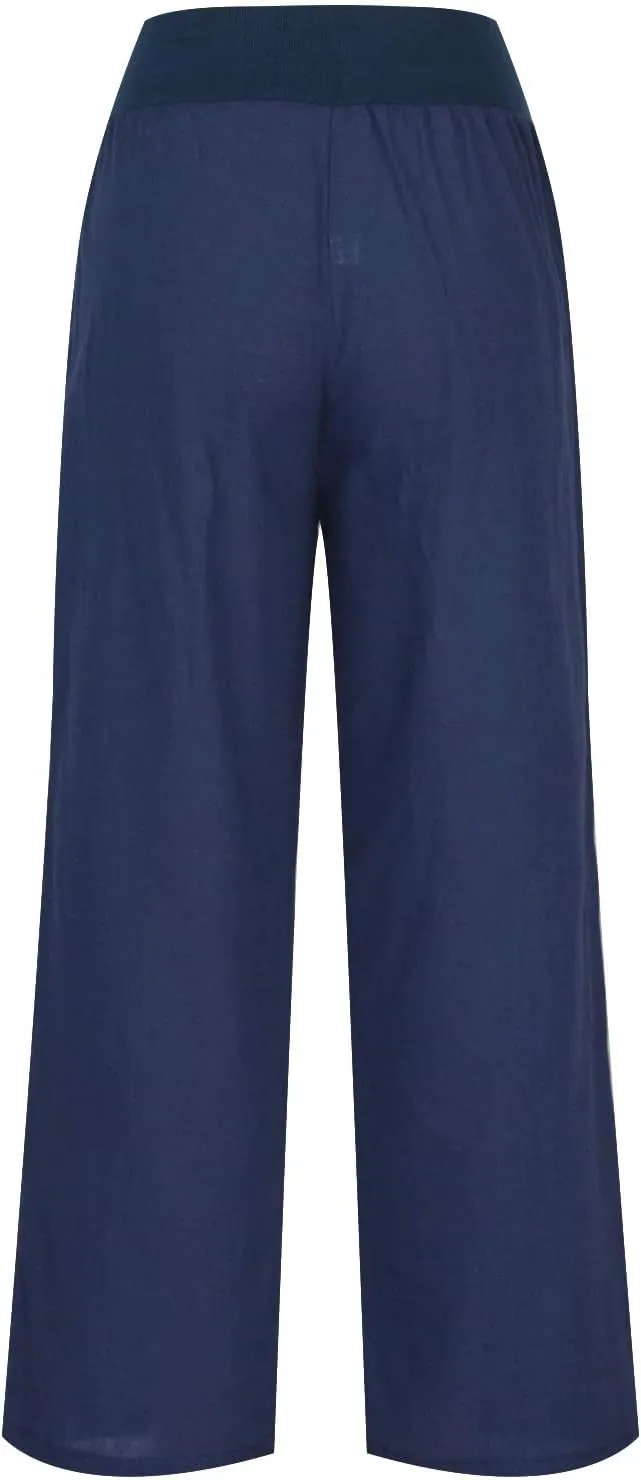 NATHGAM Linen Pants for Women Summer Elastic High Waist with Pockets Straight Palazzo Pants Beach Wide Leg Pant Trousers