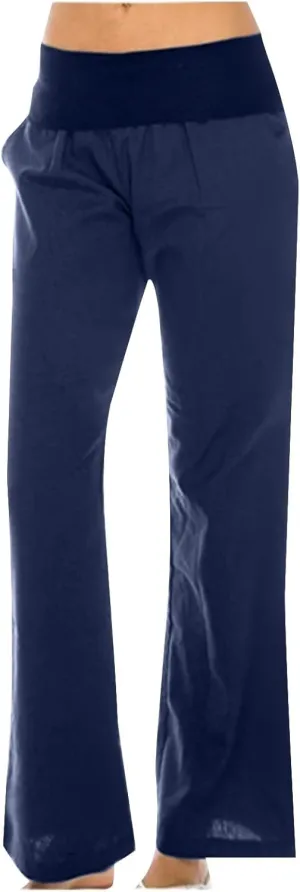 NATHGAM Linen Pants for Women Summer Elastic High Waist with Pockets Straight Palazzo Pants Beach Wide Leg Pant Trousers