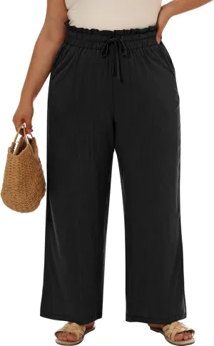 Neer Women's Plus Size Linen Pants High Waist Wide Leg Casual Drawstring Loose Straight Palazzo Pants with Pockets