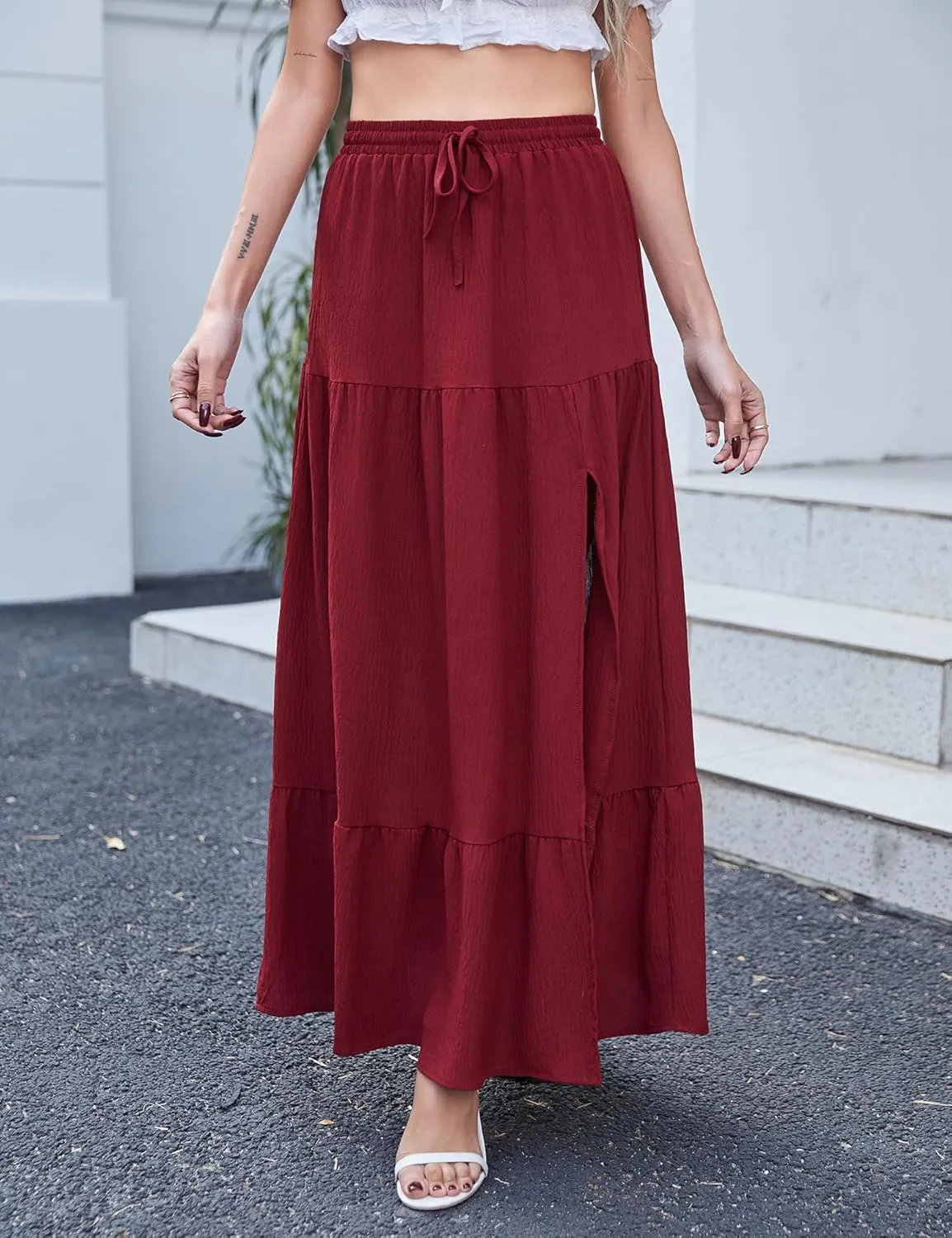 Newchoice Women's Flowy Maxi Skirt with Slit Elastic High Waisted Casual Summer Long Skirts