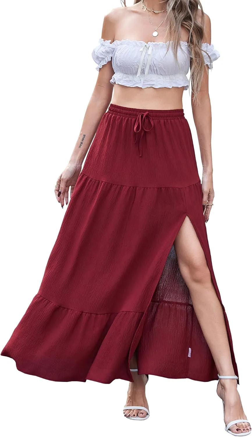 Newchoice Women's Flowy Maxi Skirt with Slit Elastic High Waisted Casual Summer Long Skirts