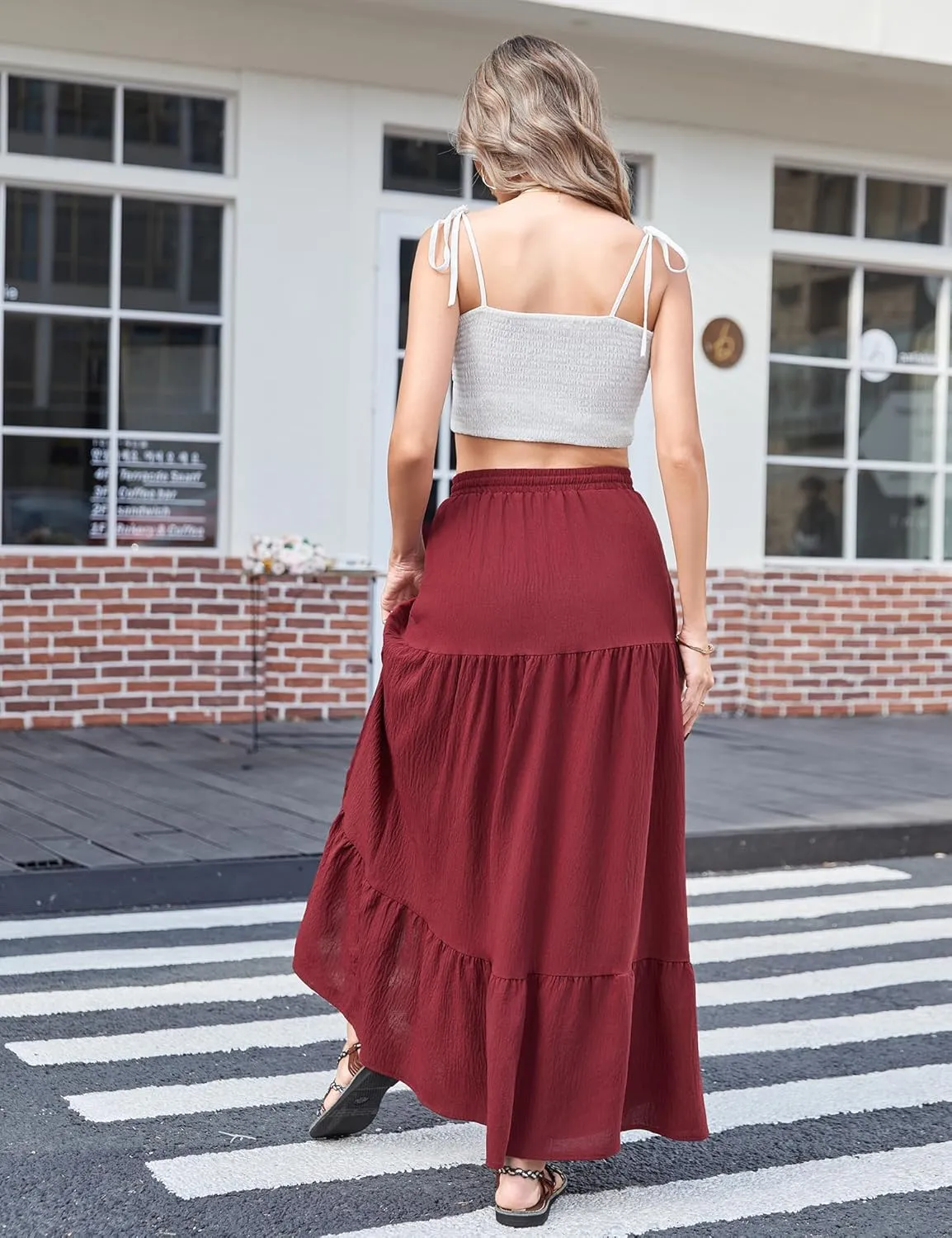 Newchoice Women's Flowy Maxi Skirt with Slit Elastic High Waisted Casual Summer Long Skirts