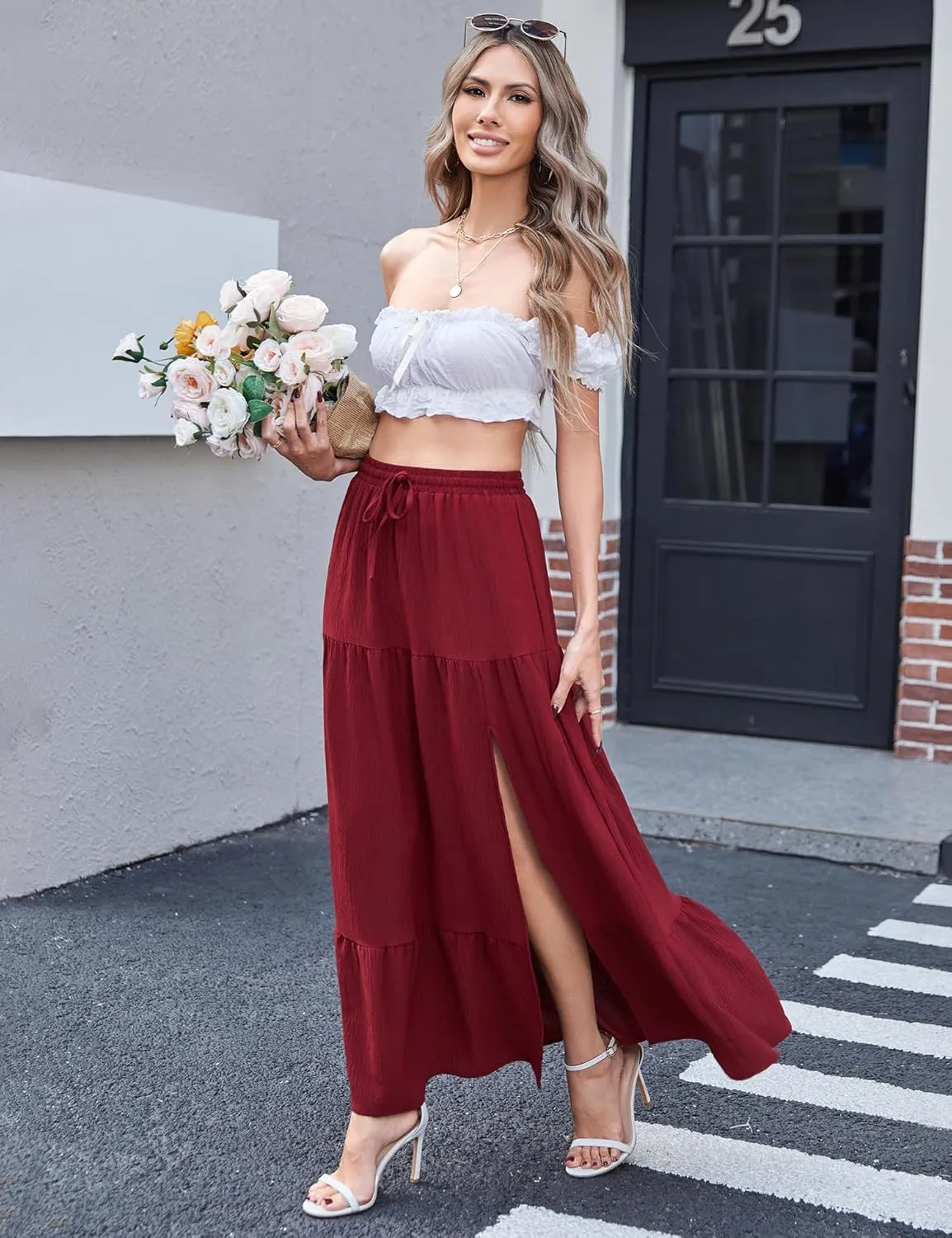 Newchoice Women's Flowy Maxi Skirt with Slit Elastic High Waisted Casual Summer Long Skirts