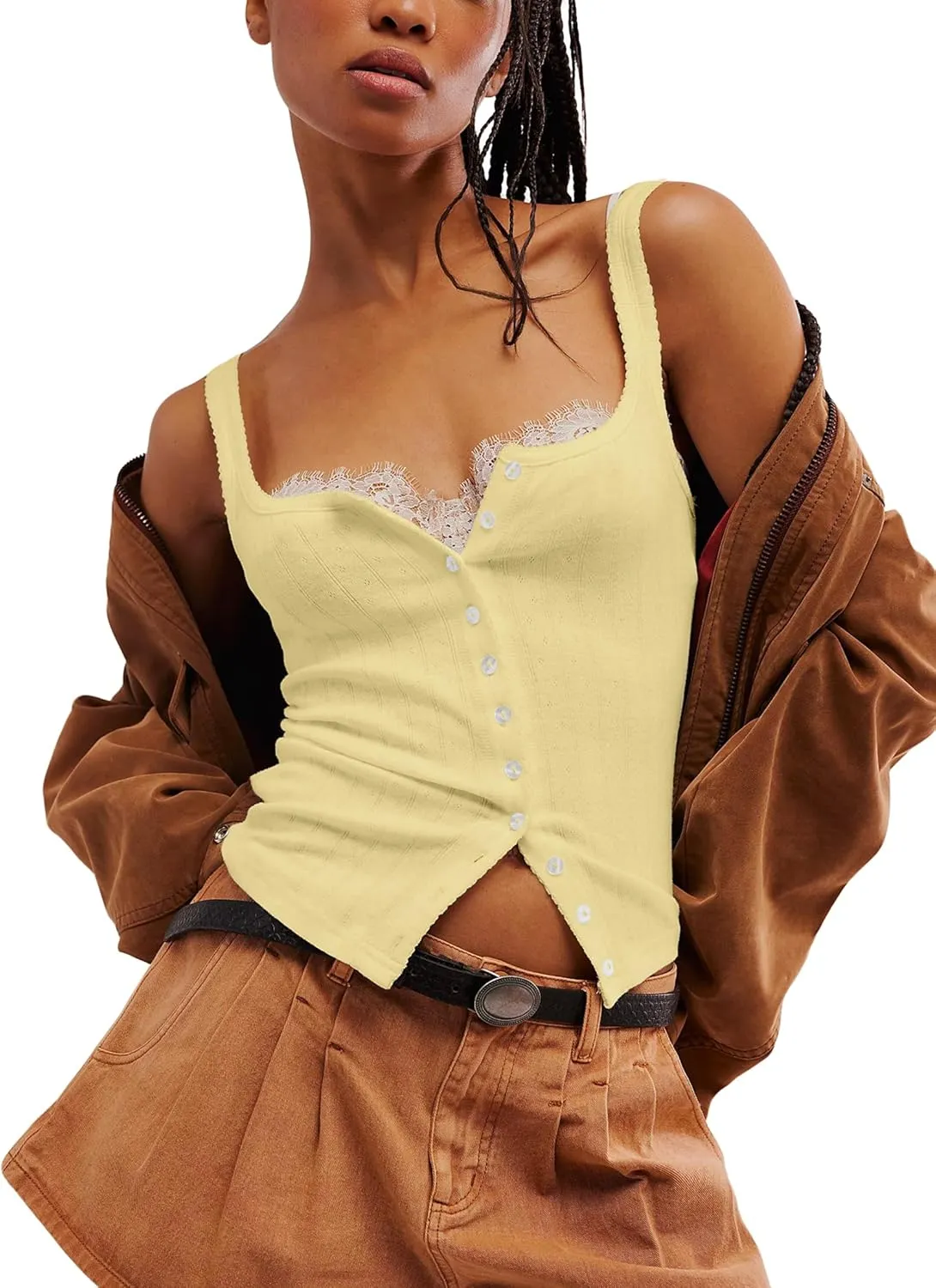 Neweek Women's Sleeveless Vest Button Front Tank Tops Ribbed Knit Square Neck Picot Trim Slim Fitted Y2K Shirts 2025