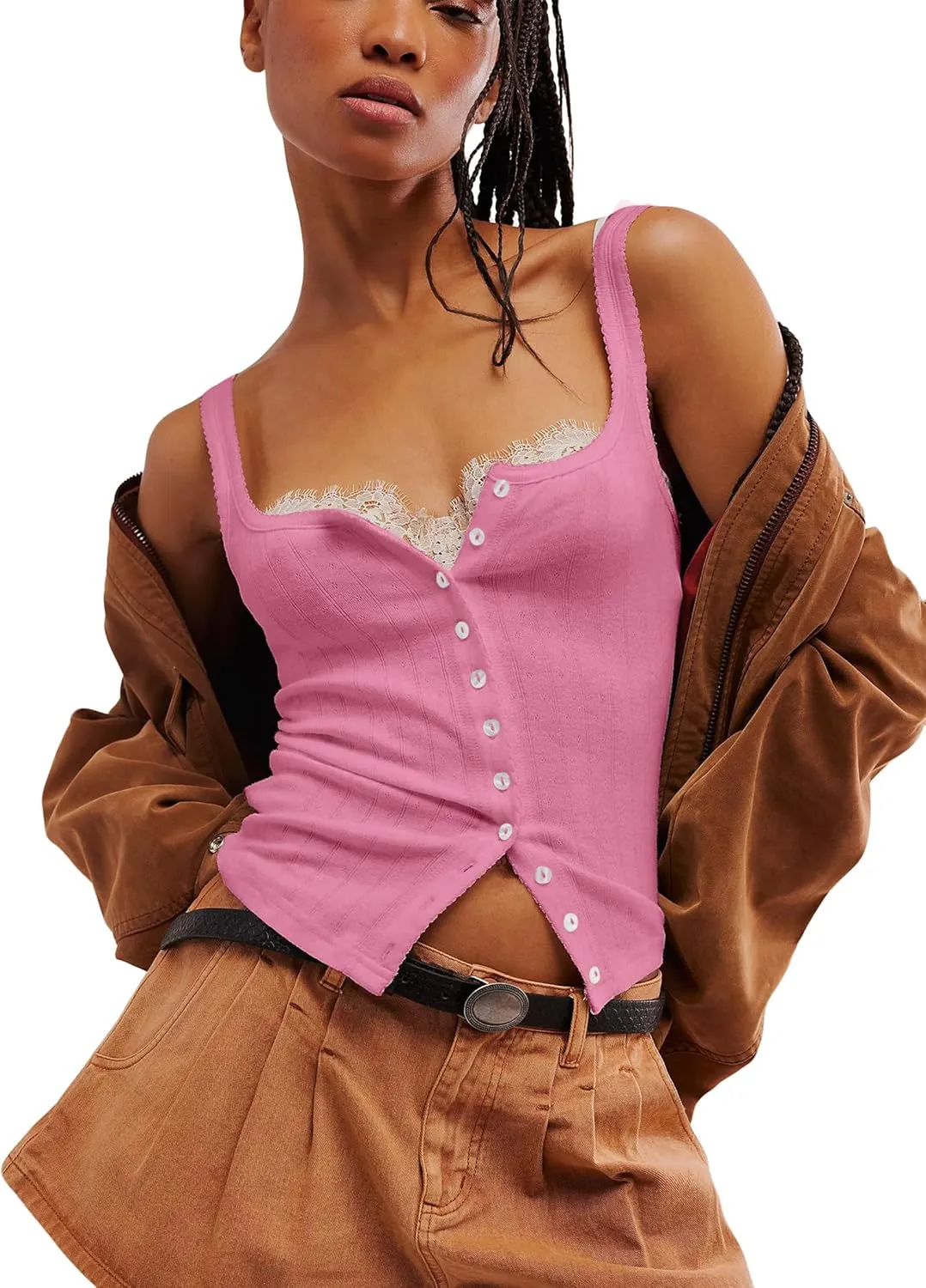 Neweek Women's Sleeveless Vest Button Front Tank Tops Ribbed Knit Square Neck Picot Trim Slim Fitted Y2K Shirts 2025