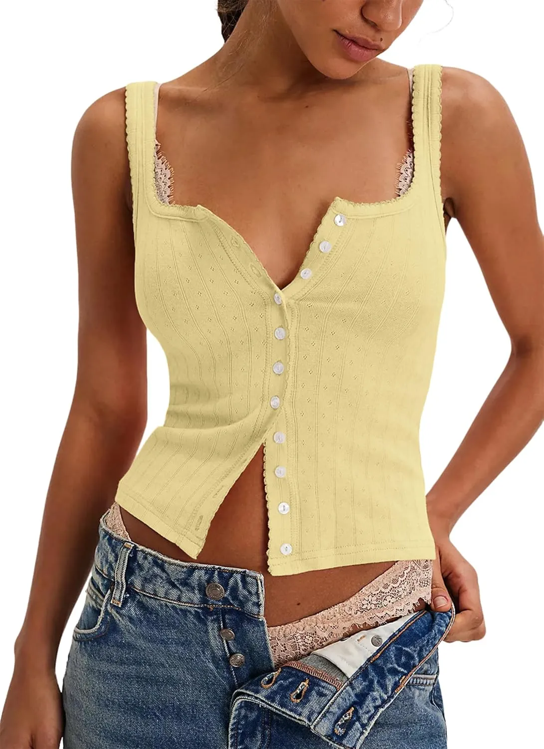 Neweek Women's Sleeveless Vest Button Front Tank Tops Ribbed Knit Square Neck Picot Trim Slim Fitted Y2K Shirts 2025