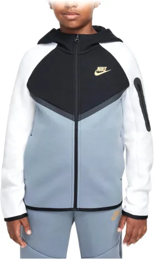 Nike Sportswear Tech Fleece Big Kids' Full-Zip Hoodie (HV5867-065, Cool Grey/Black/White/Metallic Gold) Size Small