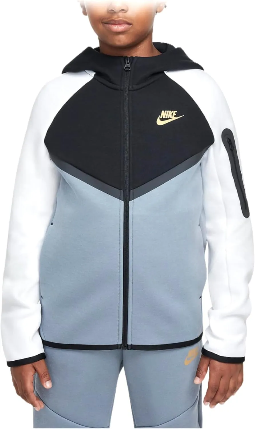 Nike Sportswear Tech Fleece Big Kids' Full-Zip Hoodie (HV5867-065, Cool Grey/Black/White/Metallic Gold)