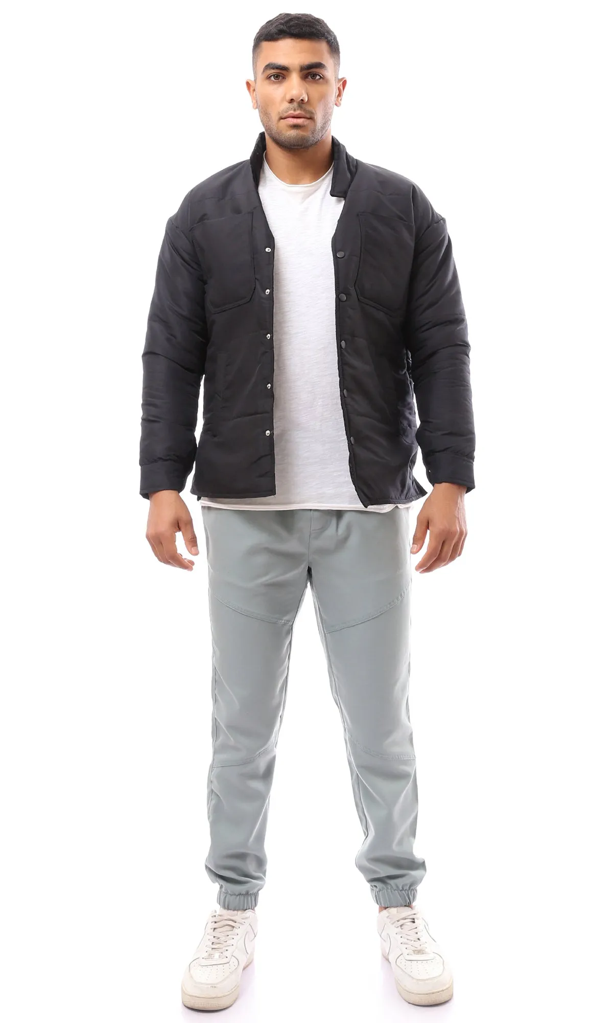 O171912 Black Stitched Buttoned Puffer Jacket