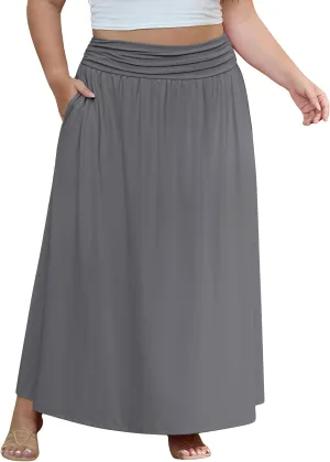 OLRIK Plus Size Maxi Skirt with Pockets 2025 Summer Elastic High Waisted A-Line Flowy Long Skirts