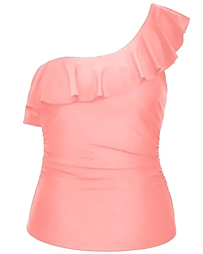 One Shoulder Ruffle Swim Tops For Long Torso Women - No Bottoms-Coral Pink