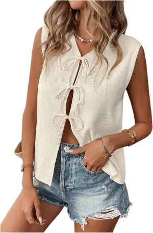 OYOANGLE Women's Bow Tie Front Sweater Vest V Neck Sleeveless Cardigan Knitted Tank Tops