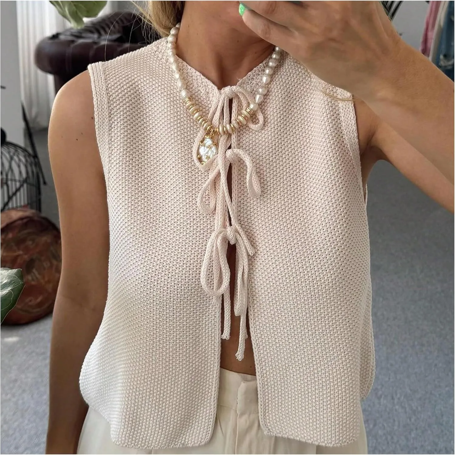 OYOANGLE Women's Bow Tie Front Sweater Vest V Neck Sleeveless Cardigan Knitted Tank Tops