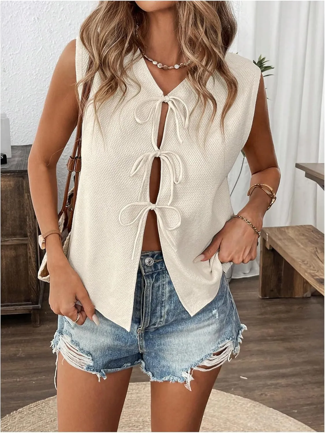 OYOANGLE Women's Bow Tie Front Sweater Vest V Neck Sleeveless Cardigan Knitted Tank Tops
