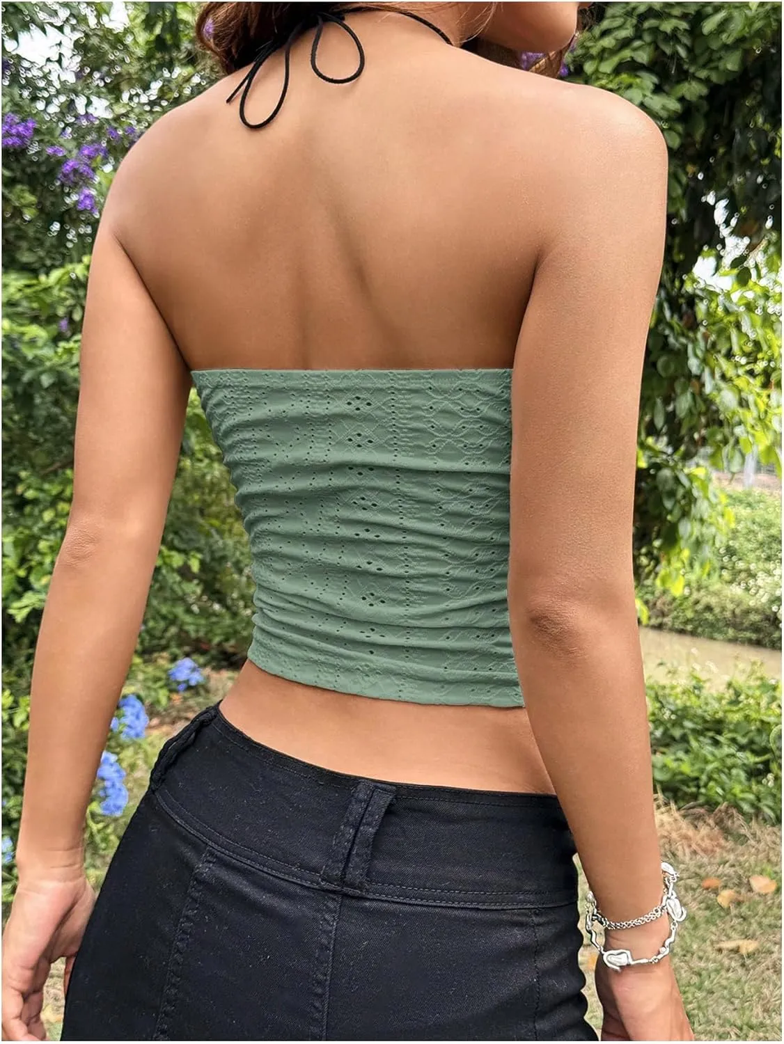 OYOANGLE Women's Eyelet Embroidered Tube Top Strapless Ruched Slim Fit Y2K Crop Bandeau Tops
