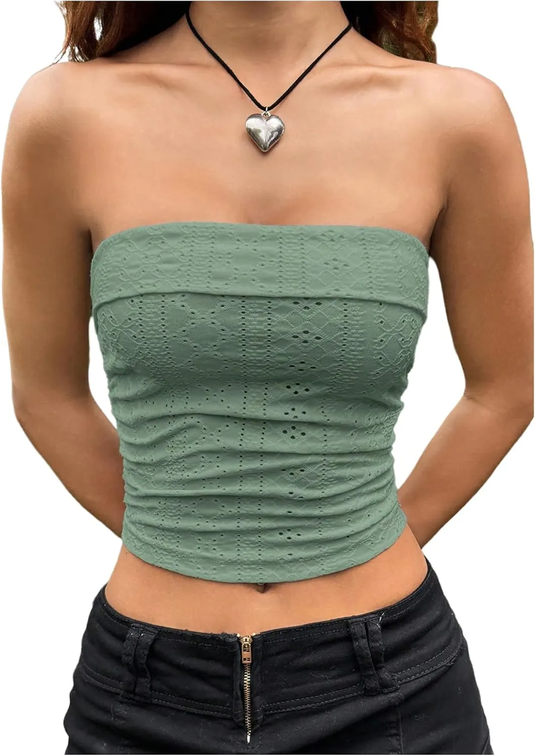 OYOANGLE Women's Eyelet Embroidered Tube Top Strapless Ruched Slim Fit Y2K Crop Bandeau Tops